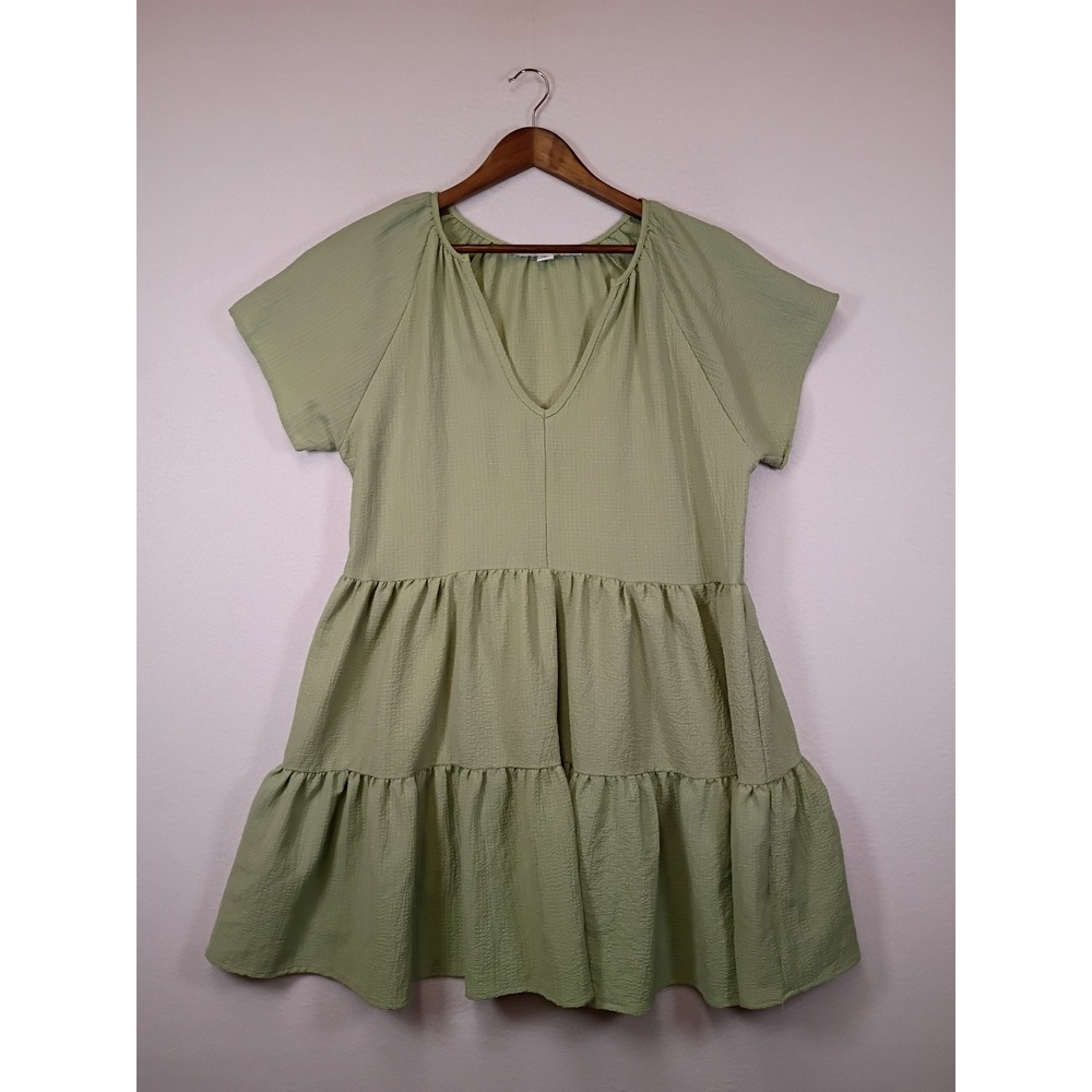 Cottagecore‎ Hyfve Women Large Sage Green Tiered Seersucker Babydoll Mini Dress
